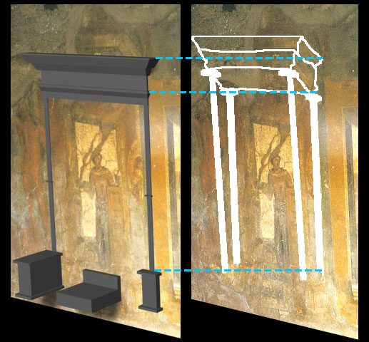 Showing construction of the 3d model from the back level of the 'stage set', ignoring elements of the painting that are distorted by perspective foreshortening image