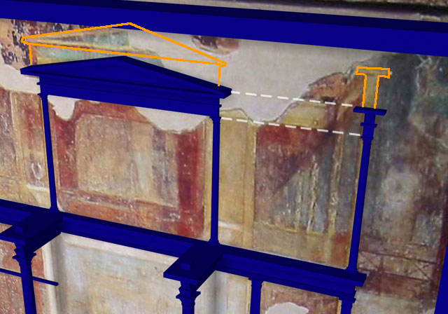 Showing construction of the 3d model from the back level of the 'stage set', ignoring elements of the painting that are distorted by perspective foreshortening image